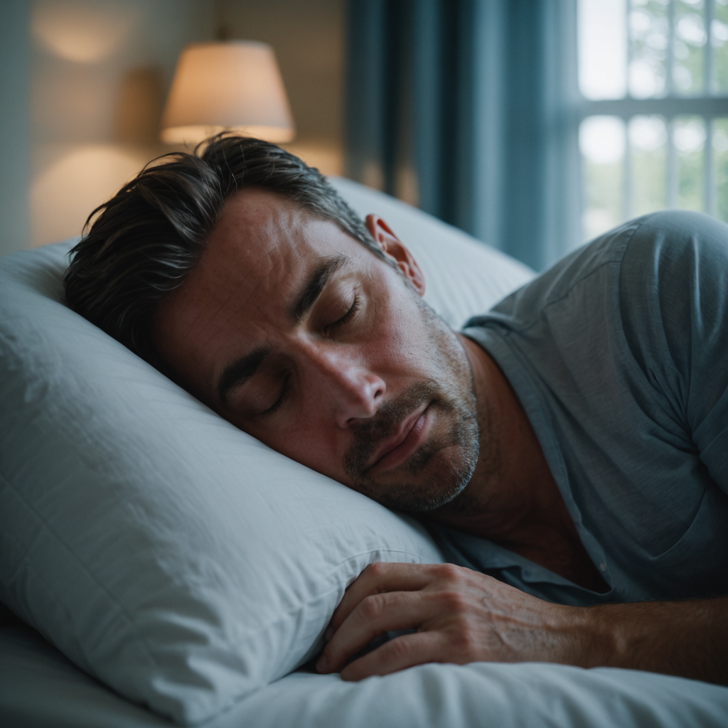 A close-up overhead photograph of an adult sleeping peacefully on their side in a…
