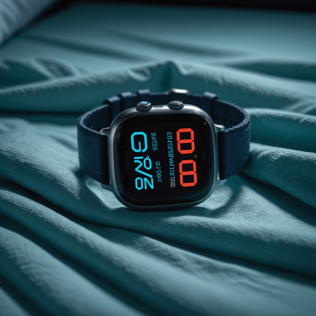 Close-up macro photograph of a smartwatch resting on a rumpled white linen bedsheet in…