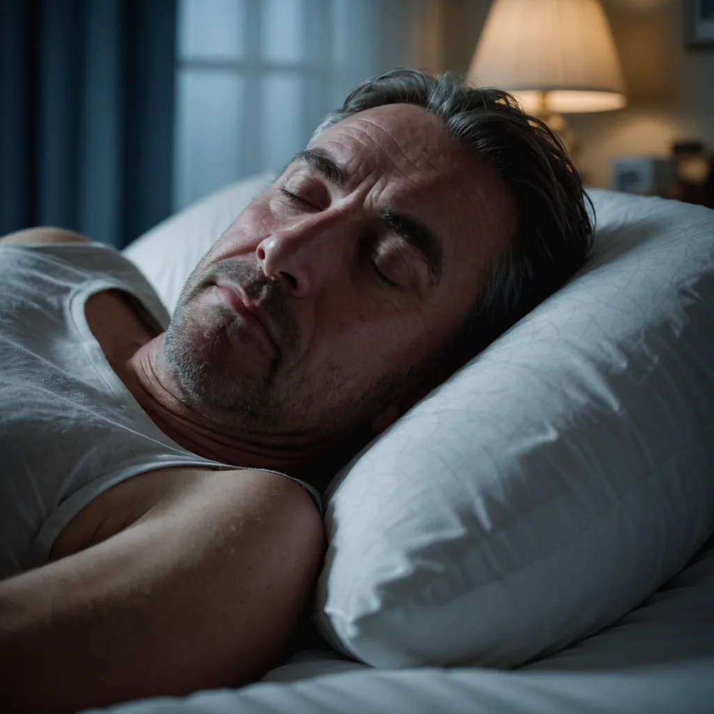 A photorealistic close-up portrait of a middle-aged man sleeping on his back on a…