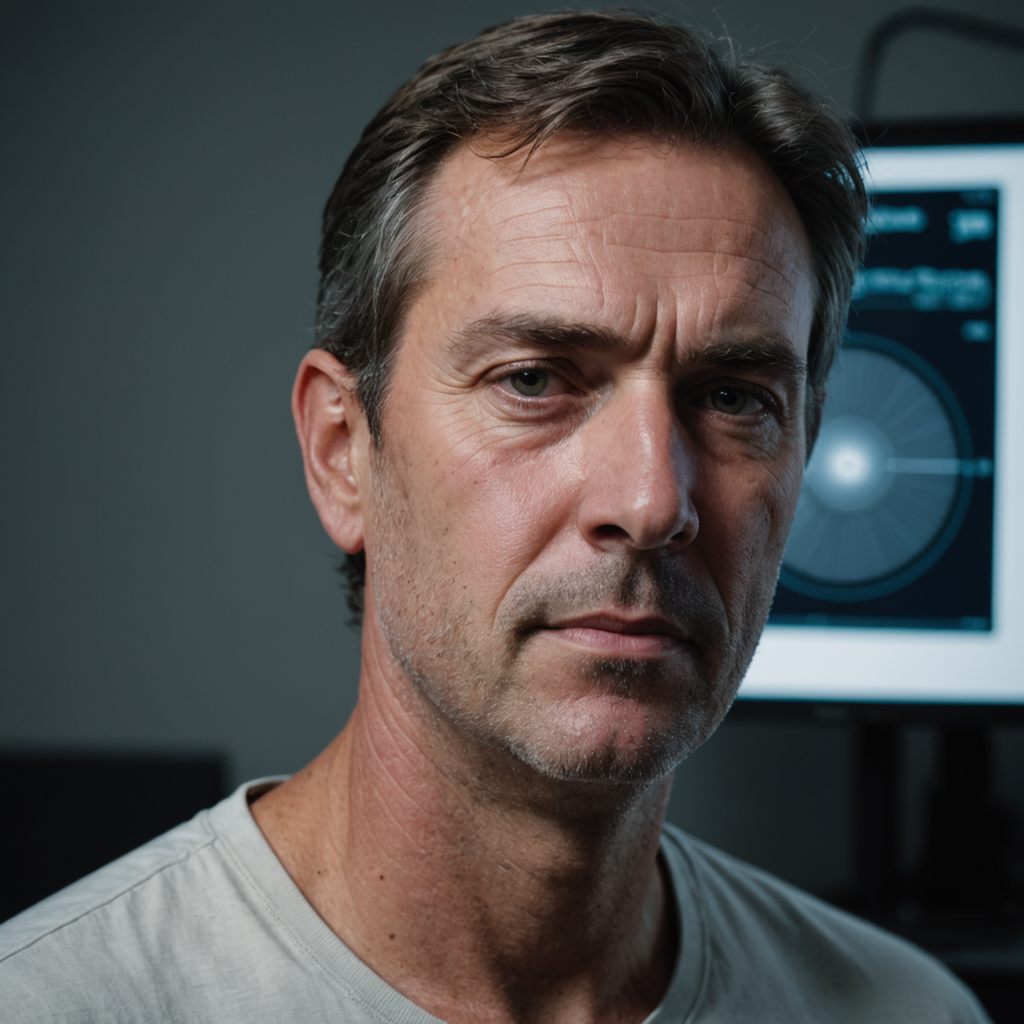Close-up clinical portrait of a middle-aged man's face in a sleep research studio, photographed…